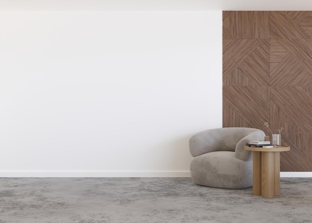 Habitación con piso de concreto, pared blanca y de madera y espacio vacío Mesa de sillón Mock up interior Espacio de copia libre para la decoración de la imagen de sus muebles y otros objetos Representación 3D
