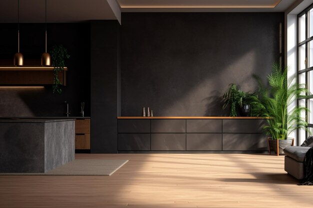 Foto una habitación con un piso de madera y una planta en la mesa