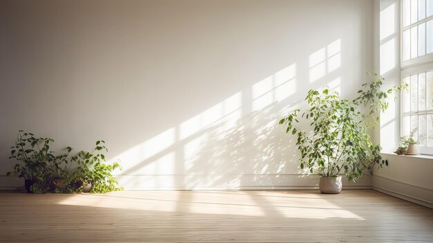 una habitación con un piso de madera y plantas en la pared y una planta en la esquina
