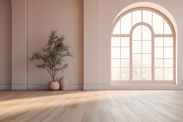 Habitación de piso de madera vacío ventana arqueada y árbol natural ai generar