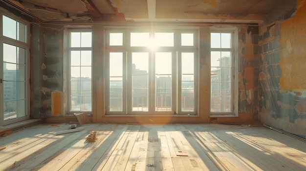 Foto una habitación con pisos y paredes de madera en proceso de construcción