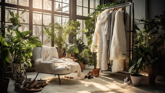 Foto una habitación con una planta y una silla con una planta en la esquina