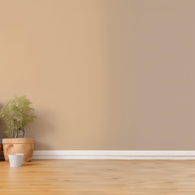 Una habitación con una planta en el suelo y una pared blanca.