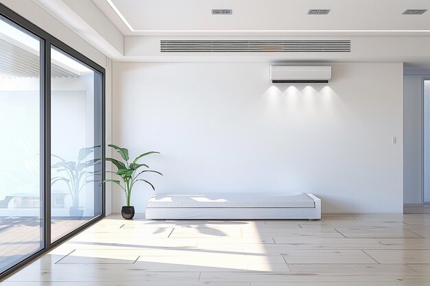 Foto una habitación con una planta y una ventana con una planta en la pared