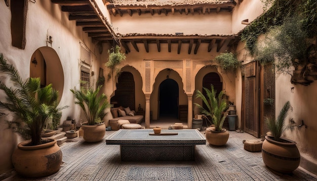 una habitación con plantas y un banco con una mesa y un banco