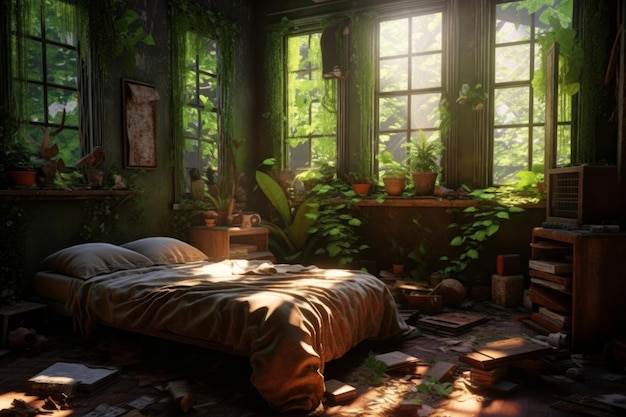 Una habitación con plantas y una cama que ha sido abandonada.