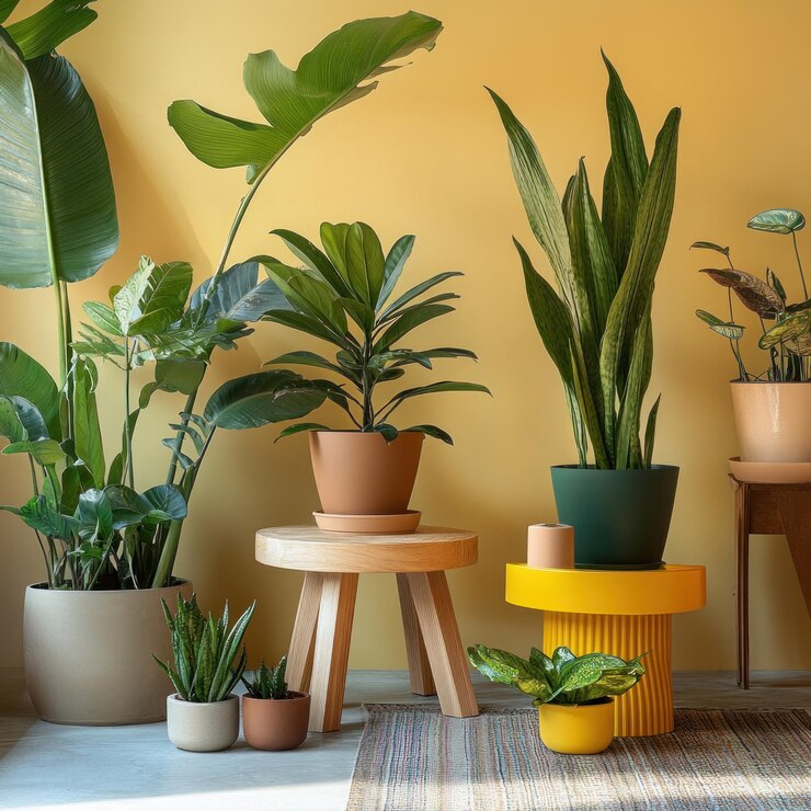 una habitación con plantas en maceta y una pared amarilla con una planta en ella