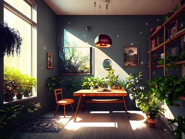 Una habitación con plantas y una mesa con una lámpara.