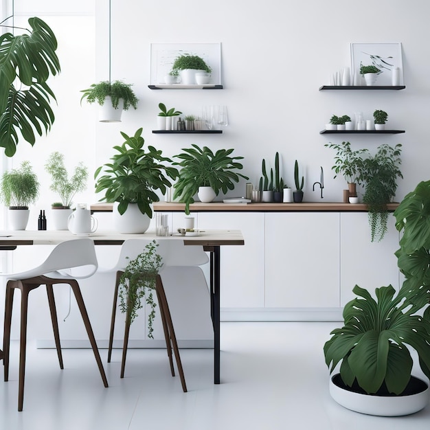 Una habitación con plantas y una pared blanca con un gran ventanal.