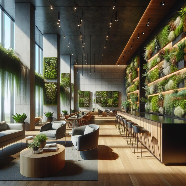 una habitación con plantas y una pared de plantas en el lado de ella