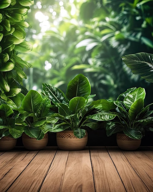 Una habitación con plantas en el suelo y suelo de madera con fondo verde.