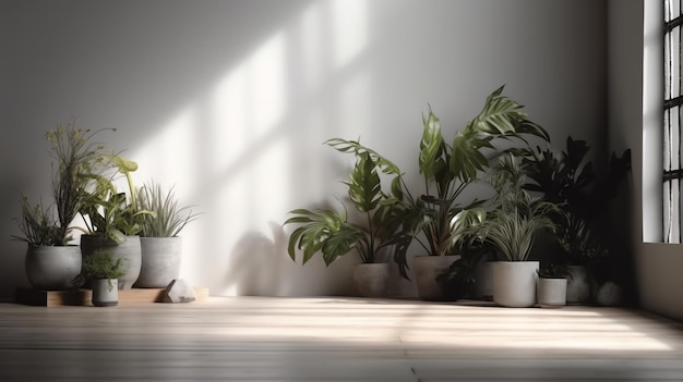 Una habitación con plantas en el suelo.