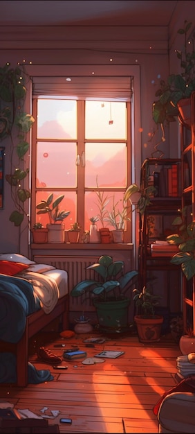 Una habitación con plantas y una ventana que dice 'casa en ella'