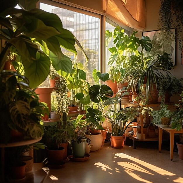 una habitación con plantas y una ventana por la que entra el sol.