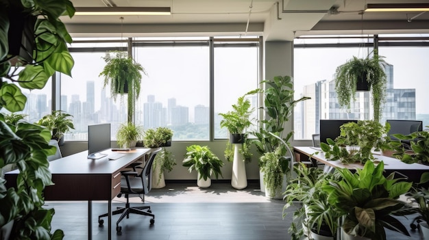 Una habitación con plantas y una ventana con vista a la ciudad.