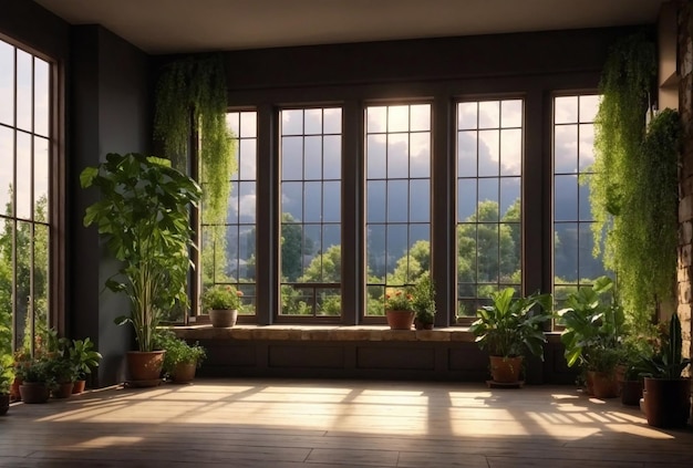 Habitación con plantas y ventanas grandes