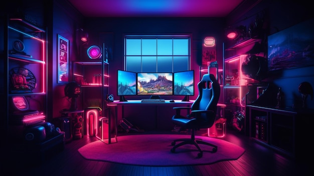 Una habitación con poca luz con un escritorio de computadora y una silla de juego generativa ai