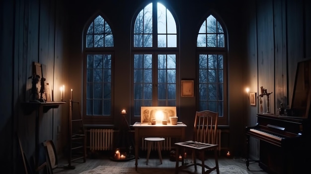 Una habitación con poca luz con un piano y una mesa Imagen de IA generativa Estilo académico oscuro