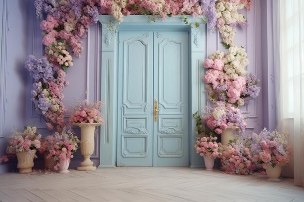 Una habitación con una puerta azul y flores.