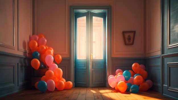 Una habitación con una puerta azul y un montón de globos.