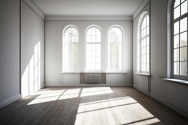 Una habitación que estaba completamente vacía y tenía ventanas grandes y luminosas.