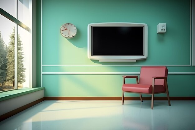 Foto una habitación con un reloj y una silla con una silla roja y un reloj en la pared