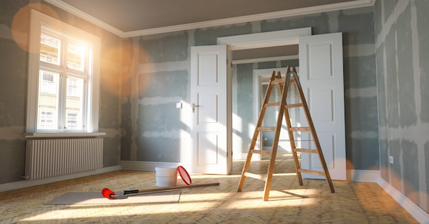 Habitación en renovación en un elegante apartamento antiguo para reubicación con cubo de pintura y paredes de yeso aplanadas