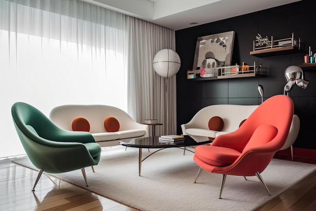 Habitación retro con muebles elegantes y aerodinámicos y toques de color para una apariencia elegante creada con inteligencia artificial generativa