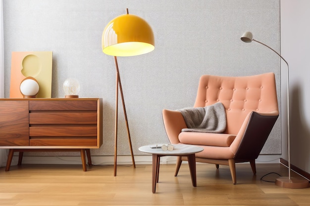 Foto habitación retro con muebles elegantes y modernos, silla de gran tamaño y lámpara de pie.