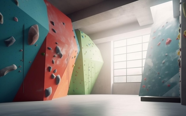 Una habitación con un rocódromo y una luz que entra por la ventana.