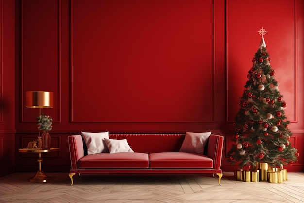 Una habitación roja con un árbol de navidad y un sofá.