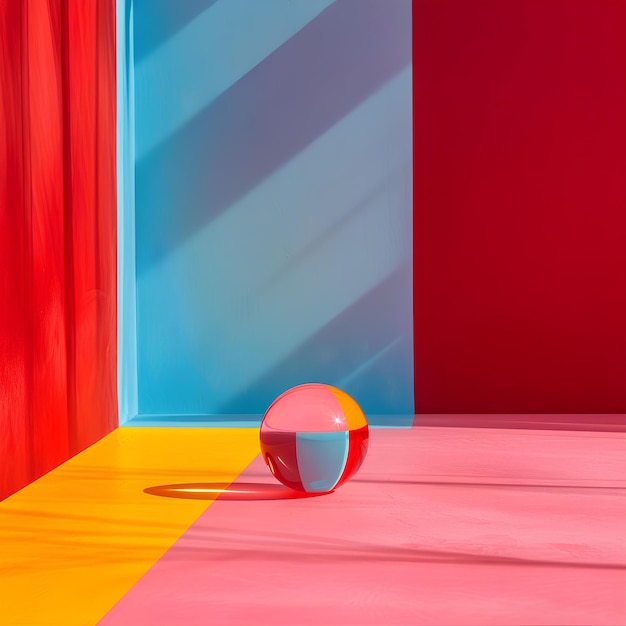 Una habitación roja y azul con una pelota en el suelo