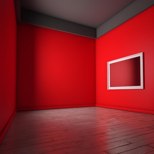 Una habitación roja con un marco en la pared.