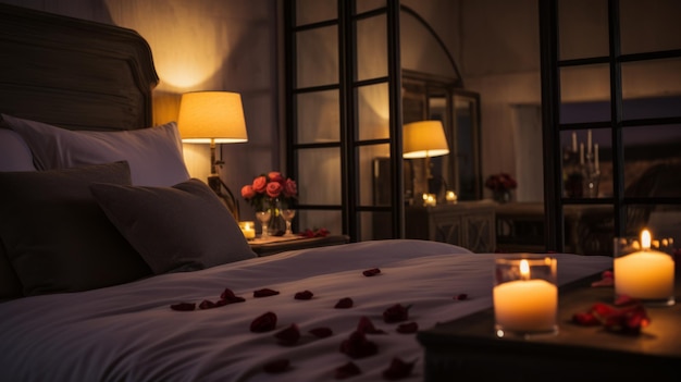 Habitación romántica con velas y pétalos de rosa