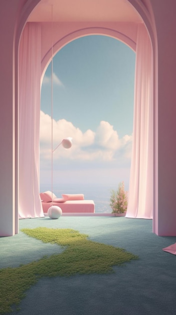 Una habitación rosa con una alfombra azul y un sofá rosa.
