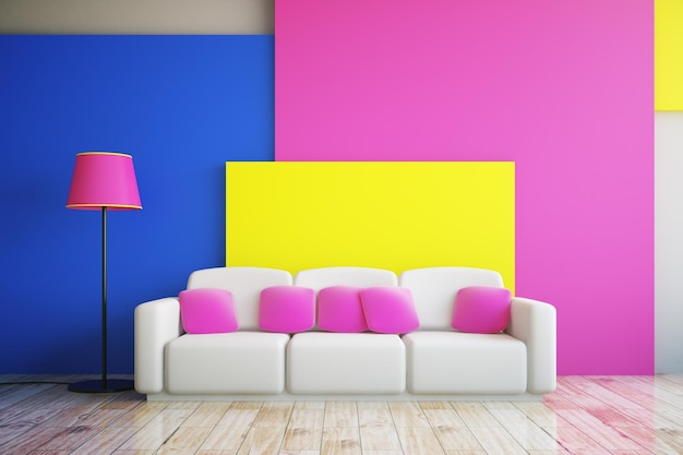Habitación rosa azul y amarilla.