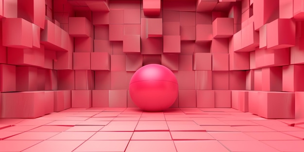 Una habitación rosa con una bola roja en el fondo de las acciones del medio