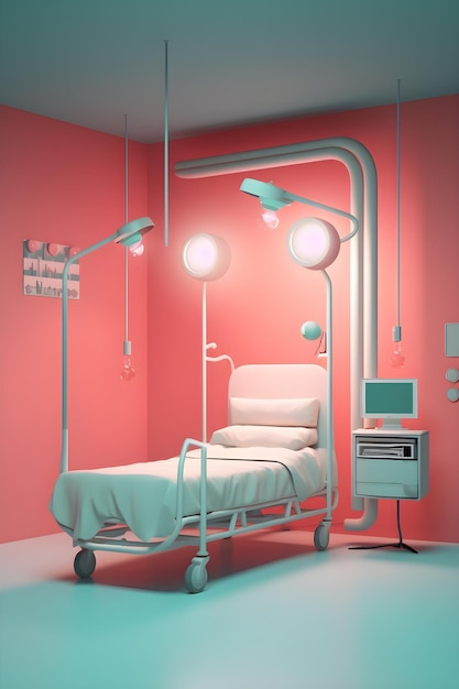 Una habitación rosa con una cama y un monitor que dice "hospital"