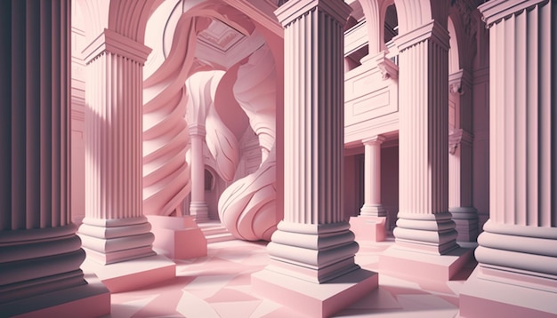 Una habitación rosa con columnas y columnas.