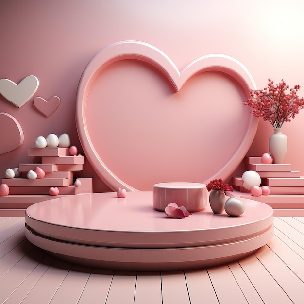 una habitación rosa con un corazón rosa y una mesa rosa con un corazón rosa encima