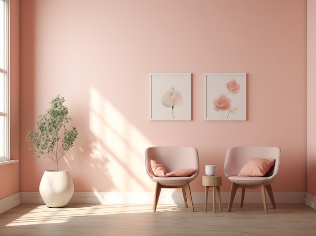 Una habitación rosa con dos sillas y una planta en la pared.