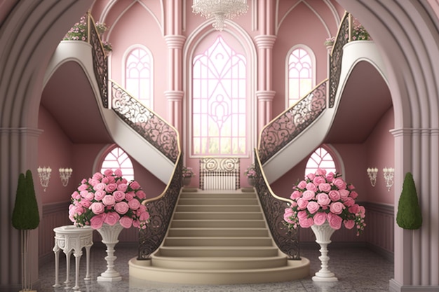 Una habitación rosa con escalera y flores.