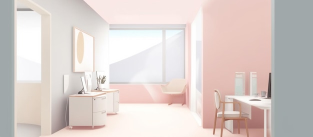 Una habitación rosa con un escritorio y un espejo.