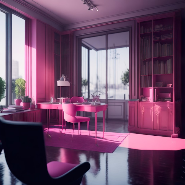 Una habitación rosa con un escritorio y una lámpara.