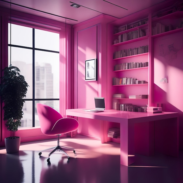 Una habitación rosa con un escritorio y una silla.