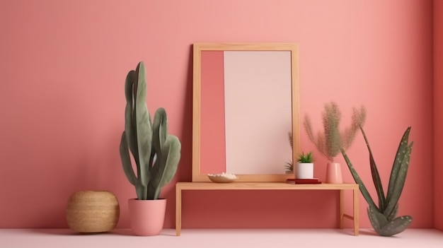 Una habitación rosa con espejo y una planta sobre la mesa.