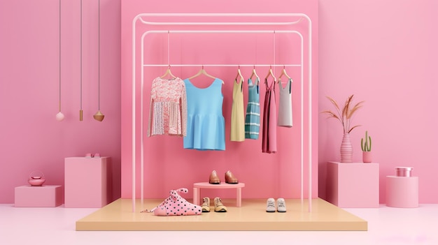 una habitación rosa con un estante con ropa y zapatos en él