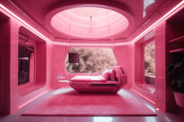 Foto habitación rosa futurista con cama flotante y vista de las estrellas.
