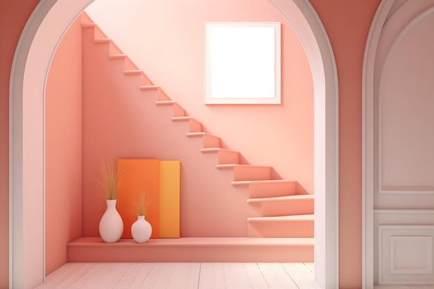 Una habitación rosa con una maqueta de marco blanco.