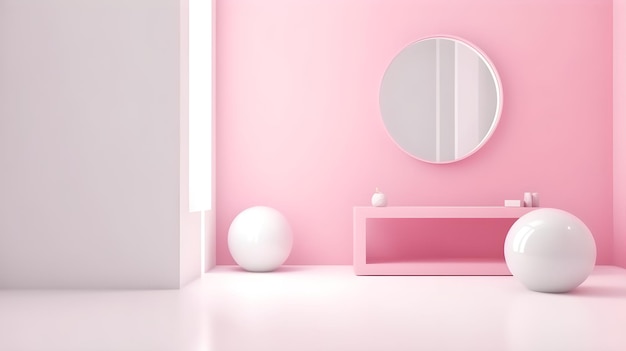 Una habitación rosa con una mesa blanca y un espejo.